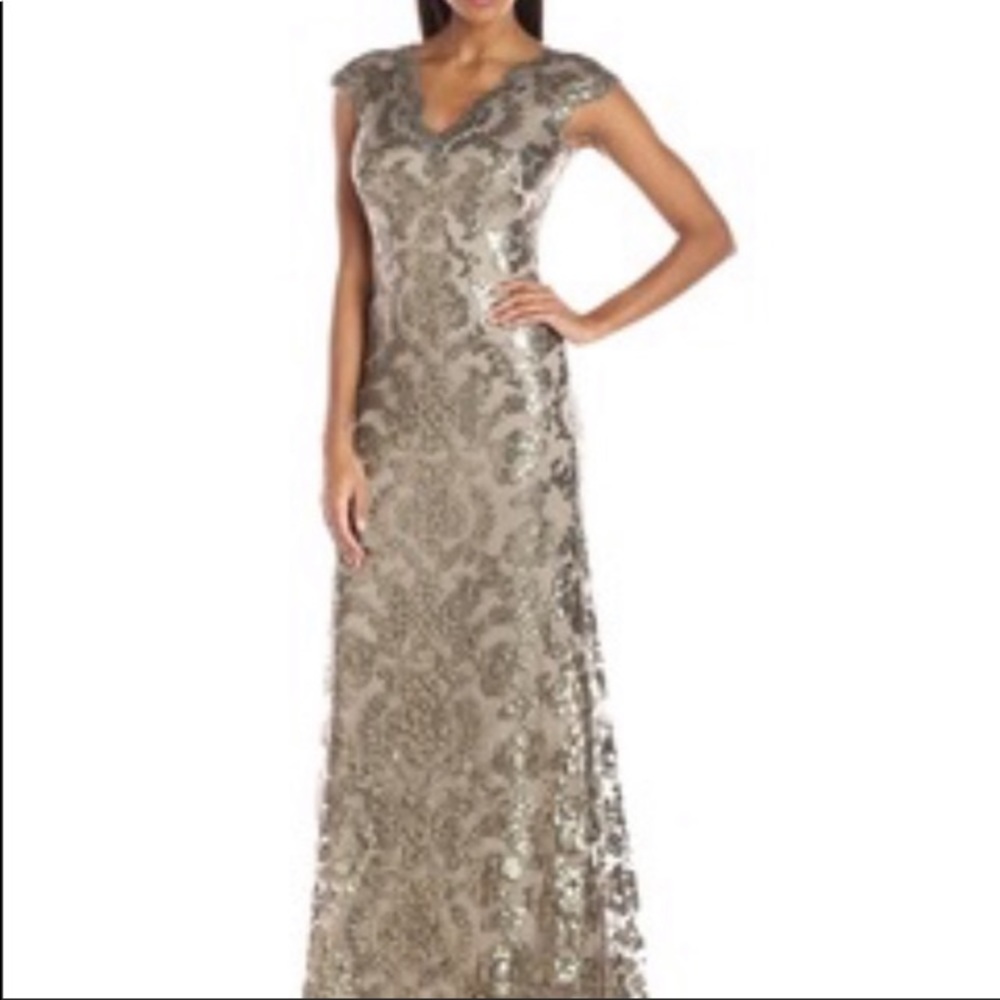 Tadashi Shoji Gold Sequin V-Neck Cap Sleeve Maxi Gown